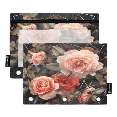 Imagem de Bolsa geométrica floral de rosas com zíper para fichário de 3 anéis, bolsa de lápis com janela transparente, para trabalhadores, escola, material de escritório