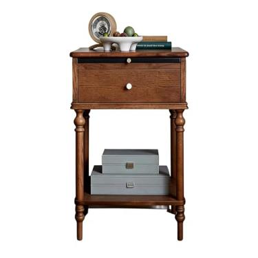 Imagem de Mesa de cabeceira, mesa de cabeceira moderna com gaveta de armazenamento e prateleira de madeira aberta, mesa de canto de sofá rústica, design de coluna romana, puxadores de metal