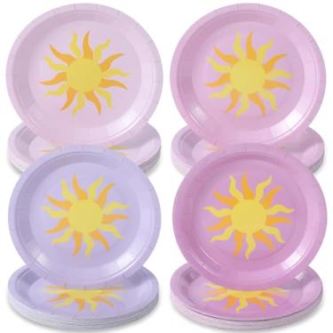 Imagem de Widecook Pacote com 40 pratos de festa de aniversário roxos e solares, para decoração de festa roxa, pratos de papel de 1º aniversário, conjunto de utensílios de sol para chá de bebê, artigos de