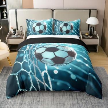 Imagem de Erosebridal Jogo de cama de futebol 100% algodão, tamanho queen, campo de futebol, para crianças, meninos, homens, gol de água, respingos, glitter, verão, preto, azul, capa de edredom macio e