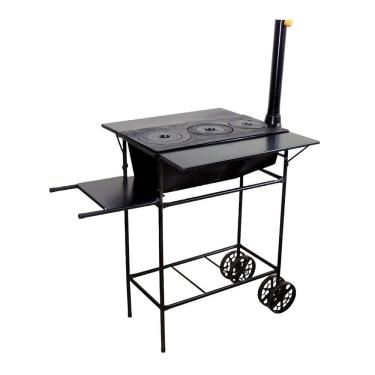 Imagem de Fogão A Lenha Chapa 03 Furos Carrinho E Chaminé 90x80x65cm