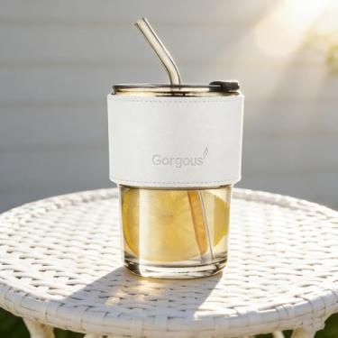Imagem de Copo de água de 368 g, copo de café gelado com tampa e canudo, caneca de vidro de parede grossa para água de chá, ótimo presente para pais e amigos (branco)