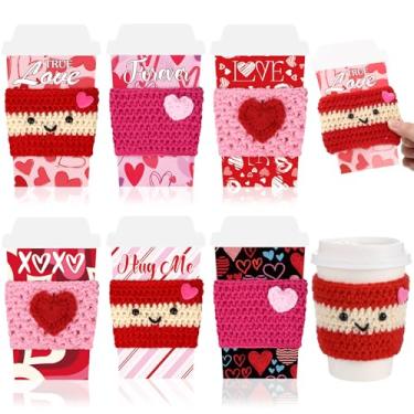 Imagem de Potchen Conjunto de 6 porta-cartões de presente de Dia dos Namorados com coração crochê café manga aconchegante xícara de café para vales-presente para agradecimento professores amigos colegas de