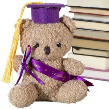 Imagem de Urso de graduação recheado, graduação urso de pelúcia | 5,1 polegadas urso brinquedo de pelúcia com chapéu e certificado - Lembra de formatura, ornamento de desktop de animais para jardim de infância,