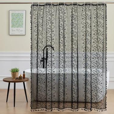 Imagem de WAZZIO Cortina de chuveiro de renda preta - Cortinas de chuveiro vintage lindas flores transparentes, cortinas de banho decorativas para banheiro com 12 ganchos de plástico, 182 x 182 cm, 1 painel