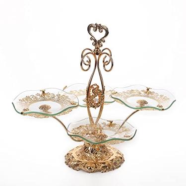 Imagem de Prato de frutas luxuosas, suporte de exibição de 4 grades para lanches de frutas secas, utensílios de mesa para chá da tarde, bandeja Dim Sum de liga de vidro, tigela de frutas silvestres de compota