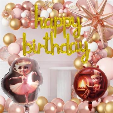 Imagem de Kit de decoração de balões de festa de aniversário, ouro rosa e ouro, 57 peças com balão de feliz aniversário, explosão de estrelas, balões de alumínio