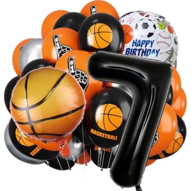 Imagem de Balões de basquete, balões de número preto, bolas de basquete laranja pretas impressas e balão de látex prateado (número 7)