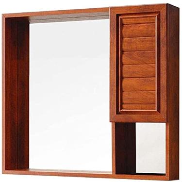 Imagem de Armário de espelho moderno montado na parede para banheiro, 70 x 70 x 11 cm, armário de espelho de banheiro montado na parede com espelho (cor: champanhe dourado) (grão de madeira vermelha maçã)