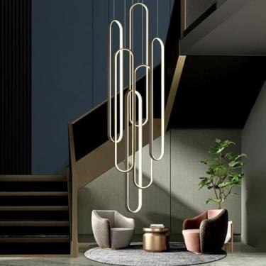 Imagem de Lustre moderno de LED para escada, modelo grande em formato de losango, em alumínio, com intensidade de luz ajustável e controle remoto, ideal para tetos altos em quartos e salas de jantar (