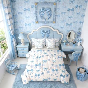 Imagem de Erosebridal Conjunto de cama solteiro com laço azul em uma bolsa para meninas, conjunto de 7 peças para crianças, mulheres, conjunto de edredom de princesa com laço, moderno, estético, fofo, floral