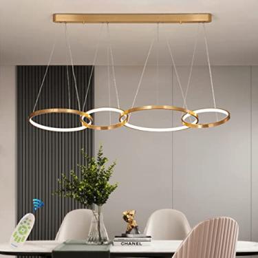 Imagem de Luminária pendente LED moderna para mesa de jantar, lustre com altura ajustável, luminária suspensa para sala de estar, dimerizável com controle remoto, luminária pendente com anéis de alumí