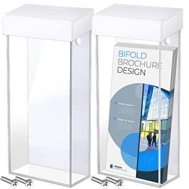 Imagem de Remerry Suporte de folheto de acrílico para uso externo, caixa de literatura à prova d'água de 10 x 23 cm, com tampa branca, suporte de panfleto transparente para exibição de menu de mapa de panfletos