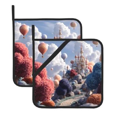 Imagem de Conjunto de tapetes coloridos com isolamento térmico impresso no mundo de conto de fadas (pacote com 2), adequado para micro-ondas, grelhar, cozinhar e assar