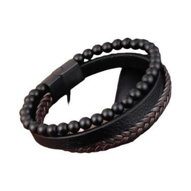 Imagem de Pulseira Masculina De Três Camadas Em Pedra Vulcânica E Olho De Tigre 