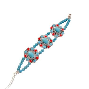 Imagem de MMIUAEG Pulseira feminina turquesa boêmia, joia turquesa, ajustável, étnica, em forma de flor, com contas de lágrima, acessórios para decoração, Medium, Zinco, Sem Pedra Preciosa