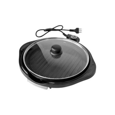 Imagem de Grill Elétrico Redondo Premium, Churrasqueira Elétrica Antiaderente, 40cm, 1200W, 220V, Preto, com Termostato Ajustável, Bandeja Coletora de Gordura, para Uso Interno