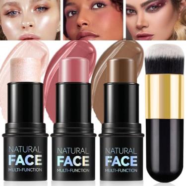 Imagem de LSxia Kit de contorno de creme de 3 peças – blush creme, iluminador, bronzeador de contorno para bochechas, mistura à prova d'água, longa duração, bastão de contorno trio para maquiagem facial (#02