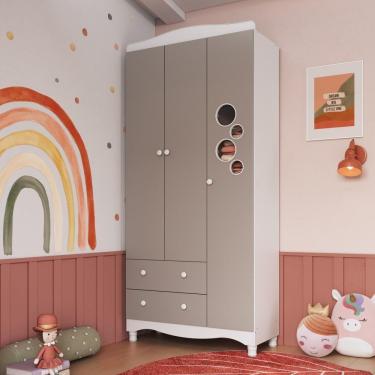 Imagem de Guarda-roupa Infantil 3 Portas E 2 Gavetas Com Nichos E Cabideiro Para Quarto De Bebê Branco Com Cinnamon