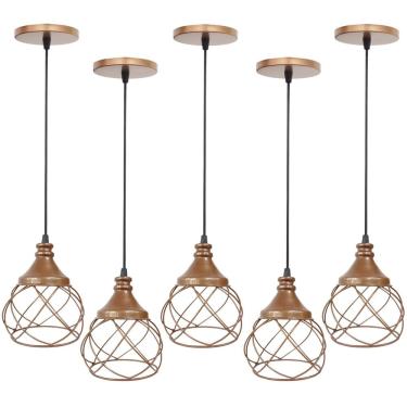 Imagem de 5 Pendentes Aramado  Cobre Rose Gold Lustre Luminária Teto Regulável Sala Cozinha
