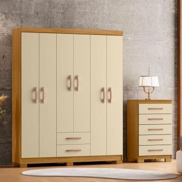 Imagem de Guarda-Roupa Casal 6 Portas 2 Gavetas Cômoda 5 Gavetas Itapema Carvalho Americano/Off White