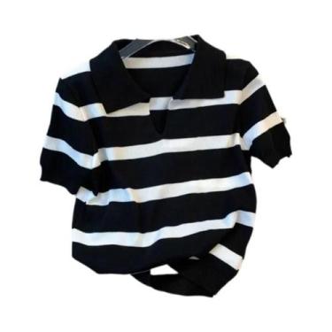 Imagem de Suéter Cropped Com Padrão Listrado Para Mulheres, Manga Curta, Top Tri