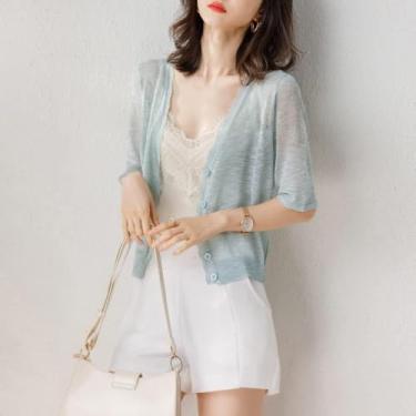 Imagem de Cardigan De Manga Curta Para Mulheres Manga Curta Encolher De Ombros Verão Floral Renda Bolero Cardigan Casaco Curto De Crochê Azul Claro Jaqueta De Malha Elegante Jaqueta De Ombro Tran, S