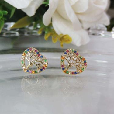 Imagem de Brinco Coração Com Zirconia Colorida E Folheado Em Ouro 18k