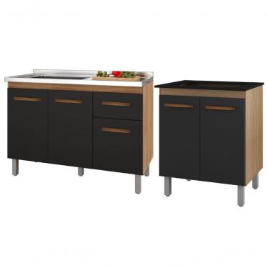 Imagem de Kit Balcão Para Pia 120 Cm Anita + Balcão Para Cooktop Jade 5 Bocas - Savana-preto