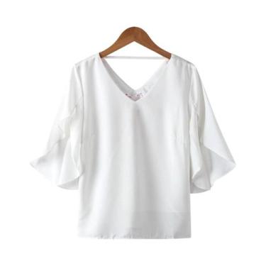 Imagem de Chiffon blusa para as mulheres, manga curta, v-neck, solto, babados, s