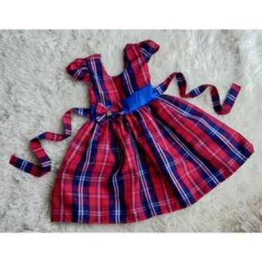 Imagem de Vestido Menina Infantil Simples Xadrez Vermelho Laço Azul - EDYNHOKIDS