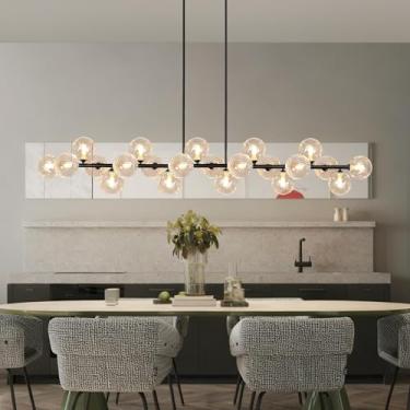 Imagem de Lzawvm Lustre Linear Moderno Para Sala De Jantar, Lustre Pendente Grande Sputnik De 70 Polegadas Para Ilha De Cozinha, Lustre Globo De Vidro Listrado Preto Transparente Para Sala De Estar, Bar De F