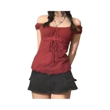 Imagem de Camiseta Feminina Ombro a Ombro De Renda Com Cordão Estilo Coreano Doc
