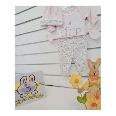 Imagem de Kit Pijama Longo, Touca e Luva Bebê Menina Bicho Molhado