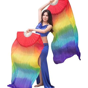 Imagem de SALFEE 1 par de fãs reais de 150 x 90 cm, véu de dança do ventre, véu, de bambu, tingido, feito à mão, para dançar