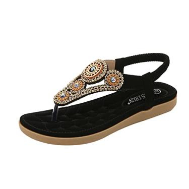 Imagem de Sandálias de cunha femininas de dedo do pé anabela feminina flip elástico redondo sapatos banda strass moda sandálias confortáveis sandálias femininas (preto, 37)