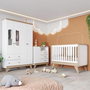 Imagem de Quarto de Bebê Completo Berço 3 em 1 com Guarda Roupa 4 Portas e Cômoda Retrô Theo Branco/Jequitibá HP