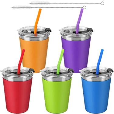 Imagem de Pacote com 5 copos infantis com canudos e tampas à prova de derramamento, copos infantis de 350 ml com mangas de silicone coloridas, copos de água inquebráveis de aço inoxidável para bebidas frias e