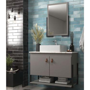 Imagem de Armário de Banheiro Elite 60 com Espelho 2 Portas e 1 Nicho Cimento/Calacata - Belizze