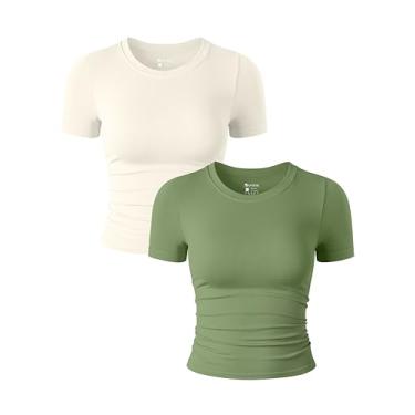 Imagem de OQQ Camisetas femininas de 2 peças, manga curta, gola redonda, franzidas, elásticas, camisetas cropped, Verde ervilha, bege, P