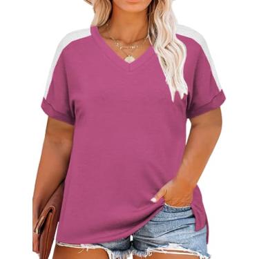 Imagem de ROSRISS Blusas plus size femininas de verão manga curta gola V túnica dividida lateral GG-5GG, 05 - Vermelho rosa, GG