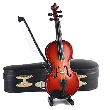 Imagem de Dselvgvu Miniatura de violino de madeira com suporte, arco e estojo, réplica de mini instrumento musical, acessórios para casa de bonecas, presente de Natal, decoração de casa (14.3 cm x 5.2 cm x 1.9
