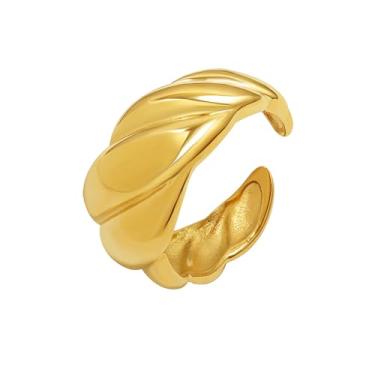 Imagem de Loqimu Anéis abertos torcidos largos ouro titânio anel dedo para mulheres meninas aço inoxidável simples anéis midi tamanho 7 8, Metal não precioso, Sem pedra preciosa