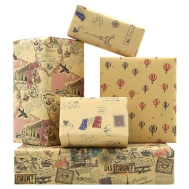 Imagem de Retrô Romance Francês Paris Torre Eiffel Balões Bicicleta Corações Rosa Jornal Decorativo Kraft Papel de Embrulho de Presente Dobrado Plano 4 Folhas 4 Desenhos: 16 pés quadrados ttl-Para Amigos Amante