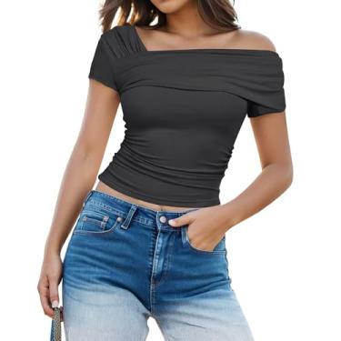 Imagem de Camiseta feminina com ombro de fora, manga curta, franzida, lateral, casual, elegante, cropped, Cinza, G
