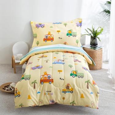 Imagem de WONGS BEDDING Jogo de cama infantil com desenho animado de ônibus de algodão amarelo, 4 peças, para meninos e meninas, com lençol de cima e fronha