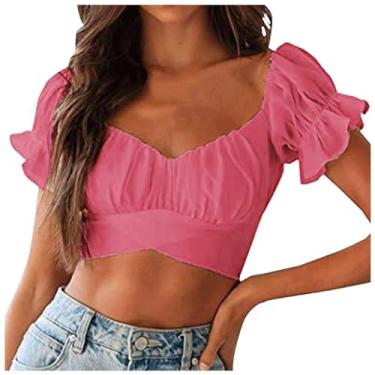 Imagem de Lainuyoah Blusas femininas casuais sexy na moda 2024 primavera camisa de trabalho manga bufante crop top tie up off shoulder camisa de férias, A-melancia, vermelho, G