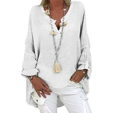 Imagem de Camisas femininas de linho, casuais, de manga comprida, gola V, larga, lisa, casual, túnica de praia, Z02 - Branco, 4XG