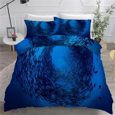 Imagem de Jogo de cama Fish King, capa de edredom azul profundo, conjunto de 3 peças para decoração de quarto, capa de edredom de microfibra macia 264 x 232 cm e 2 fronhas, com fecho de zíper e laços