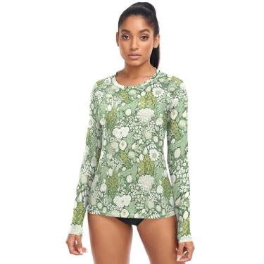 Imagem de Camiseta Rash Guard feminina com proteção solar de manga comprida Rashguard para caminhadas casuais na praia, Floral branco e verde, PP